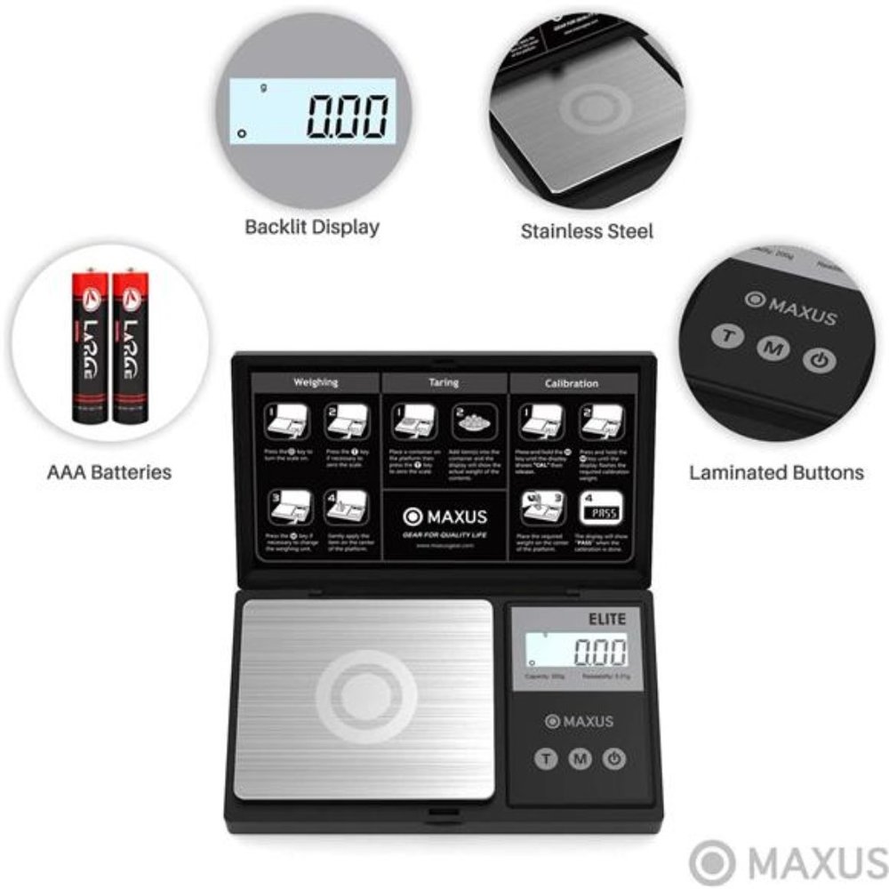 MAXUS Precision Pocket Scale 200g x 0.01g,Backlit LCD, Stainless Steel - Picture 3 of 6